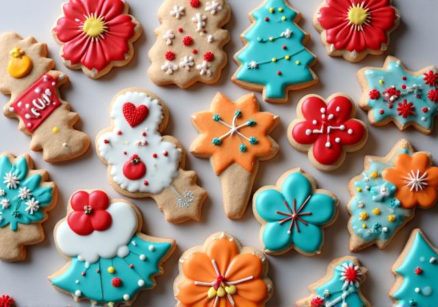 完成した色とりどりの美しいアイシングクッキー