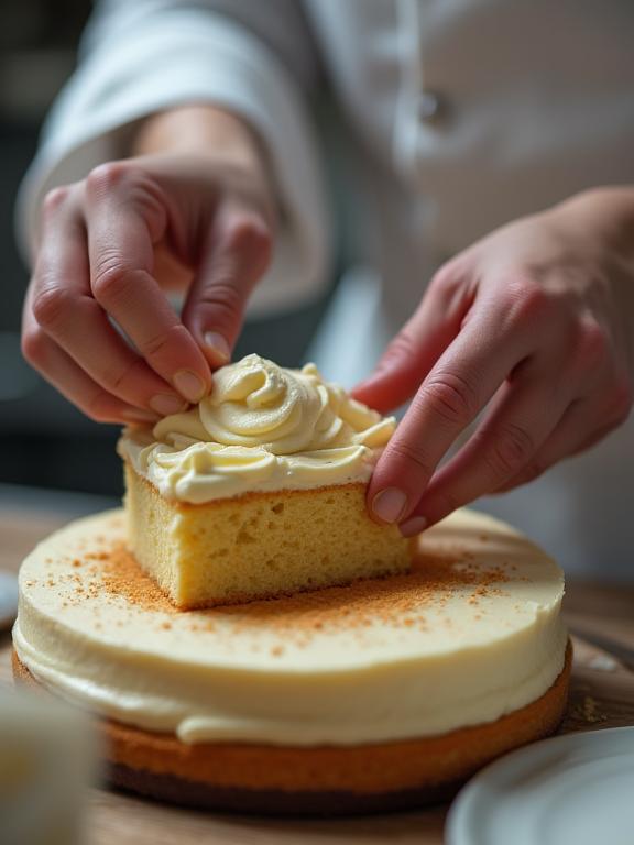 パティシエがケーキに丁寧にクリームを塗っている職人の手元