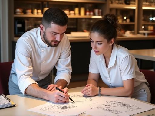 デザイン画を前に打ち合わせをするパティシエとお客様