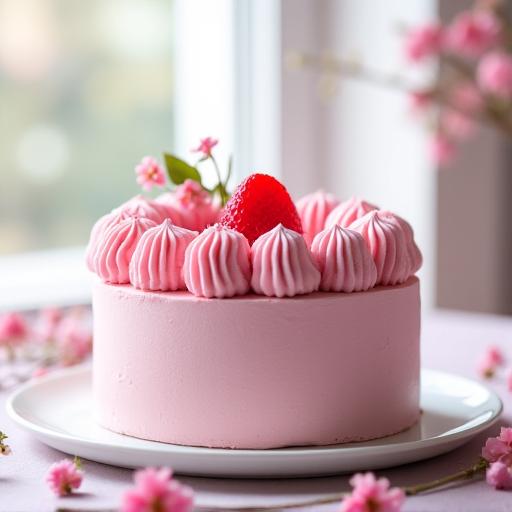 桜の花びらが飾られたピンク色のさくらと苺のムースケーキ